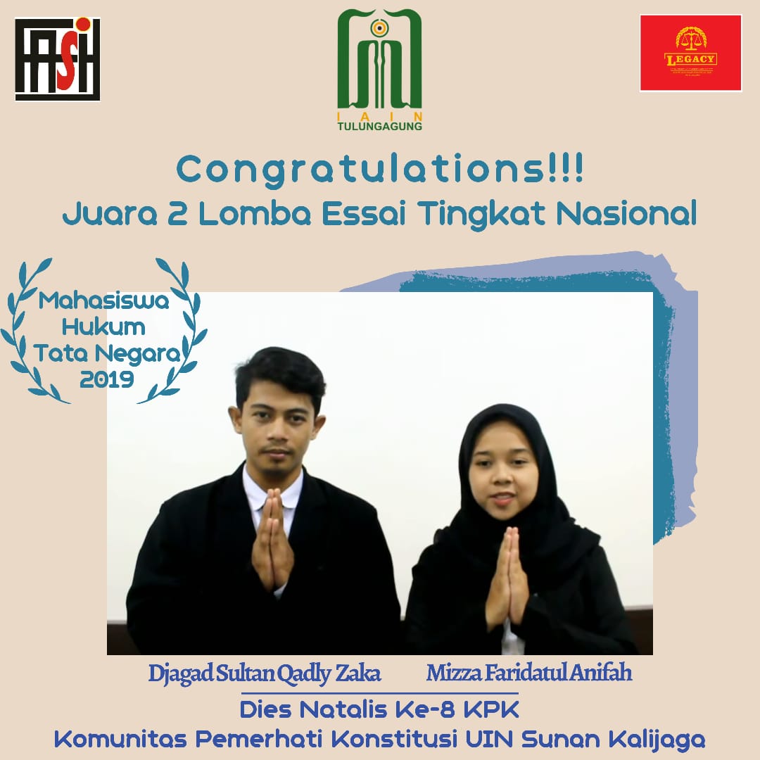 MAHASISWA HUKUM TATA NEGARA  JUARA 2 LOMBA ESSAI NASIONAL DALAM RANGKA DIES NATALIS KPK (KOMUNITAS PEMERHATI KONSTITUSI) UIN SUNAN KALIJAGA