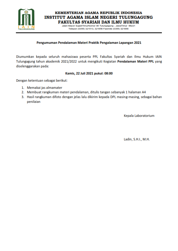 PENGUMUMAN PEMBEKALAN MATERI PPL FASIH 2021