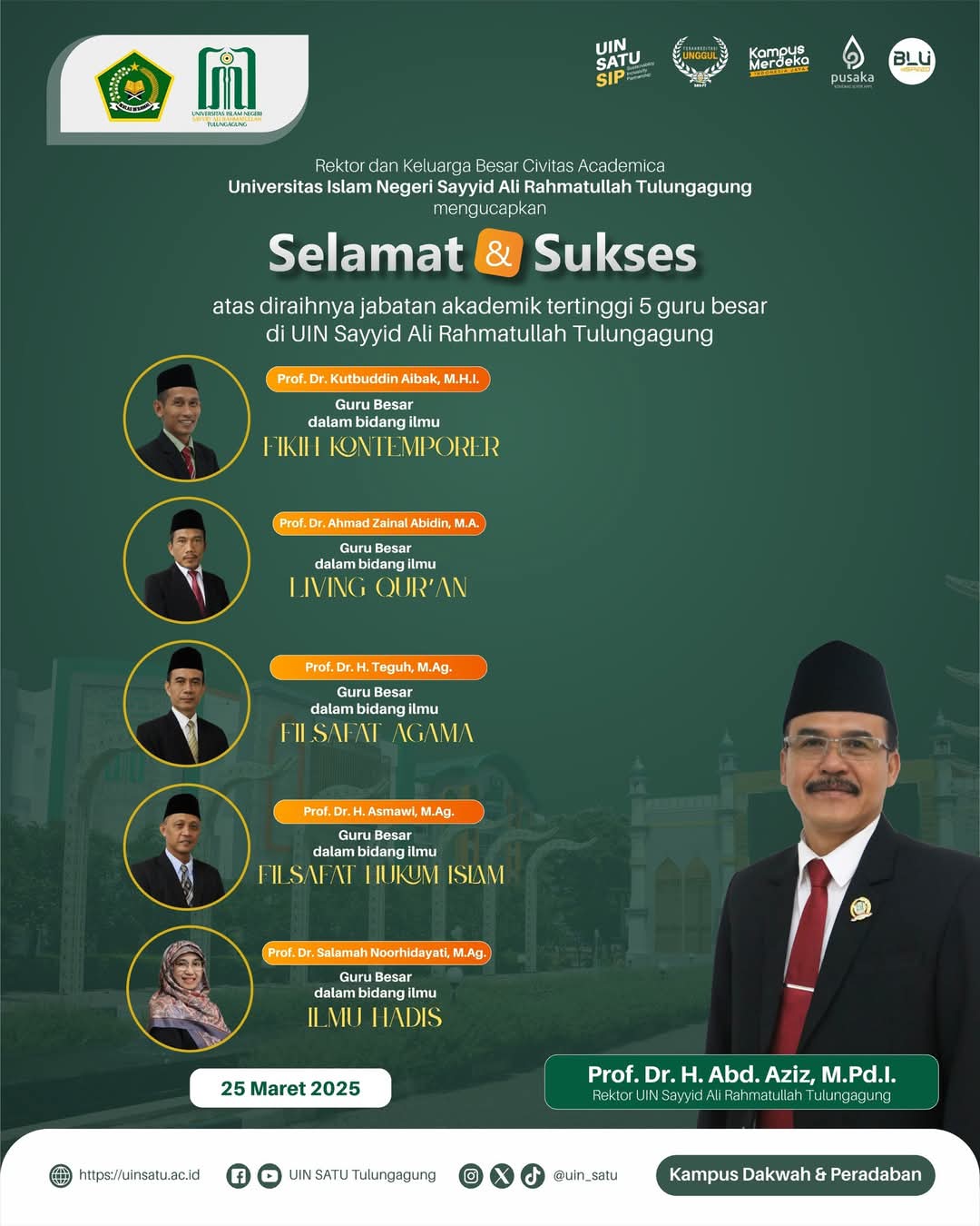 PENINGKATAN KUALITAS AKADEMIK: FAKULTAS SYARIAH DAN ILMU HUKUM UIN SAYYID ALI RAHMATULLAH TULUNGAGUNG TAMBAH DUA GURU BESAR